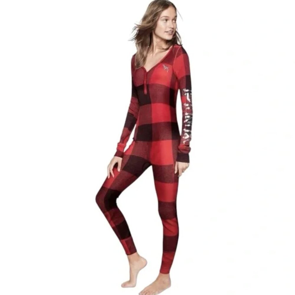 Victoria's Secret PINK Holiday 2017 Red Plaid Thermal Christmas Onesie L EUC